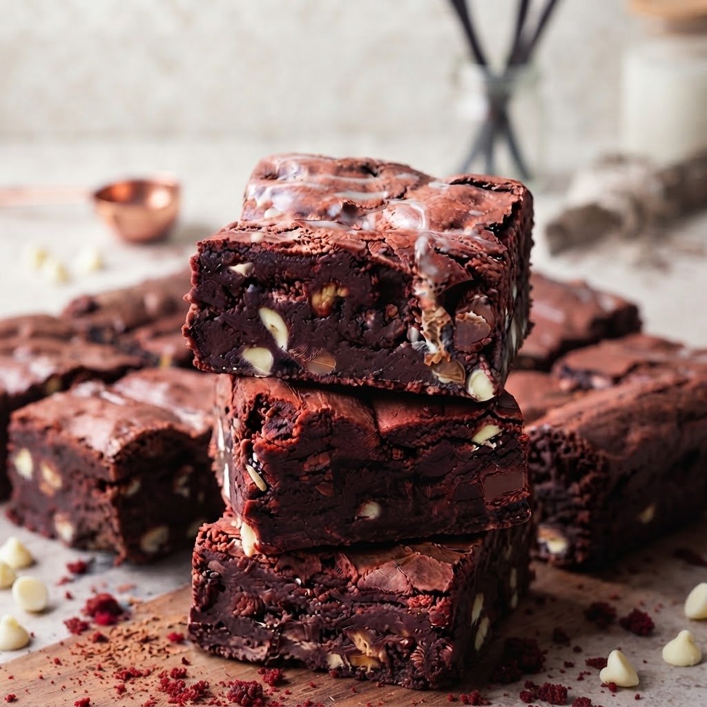 Decadent red velvet brownies stacked with white chocolate chunks on a rustic wooden surface. Handcrafted luxury treats designed for sweet indulgence.