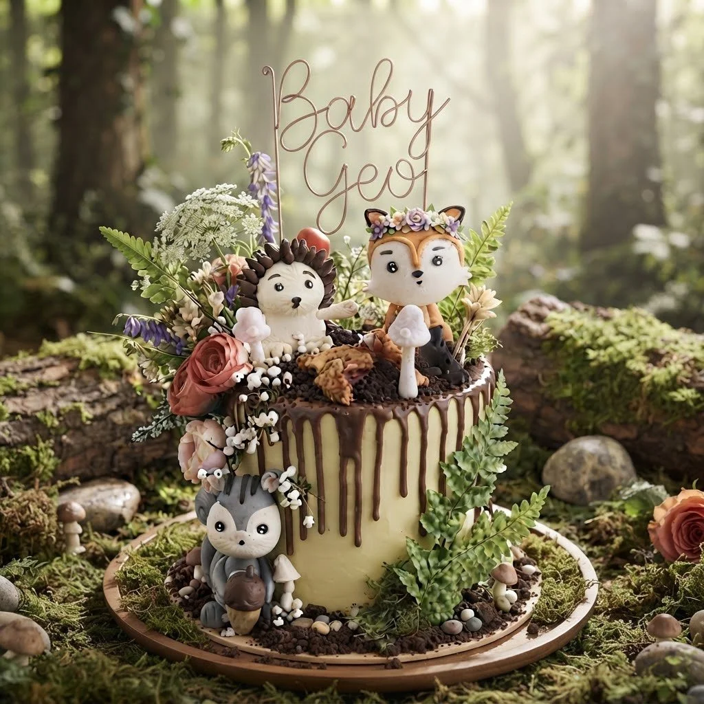 A woodland-themed cake decorated with animal figures and flowers, with a sign that reads 'Baby Goy' in a forest setting.
