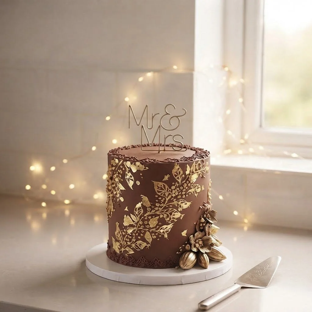 Chocolate wedding cake with gold floral designs on a white cake stand, topped with Mr & Mrs cake topper, placed on a light-colored surface near a window with curtains and fairy lights in the background.