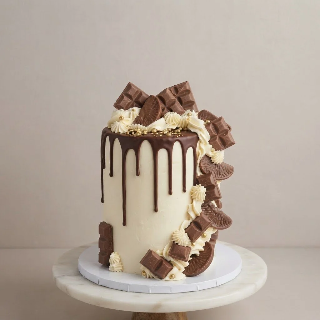 A tall, elegant cake with white frosting and chocolate drizzle on top, decorated with assorted chocolates and whipped cream.