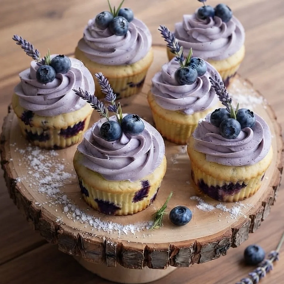 Six blueberry cupcakes with purple frosting, blueberries and lavender sprigs on a wooden cake stand
