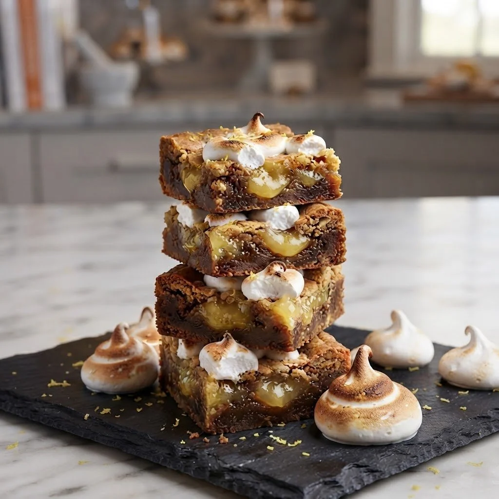 Decadent stack of four lemon meringue blondies topped with toasted meringue on a slate board. Handcrafted luxury treats designed for sweet indulgence.