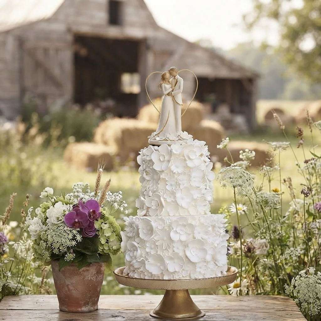 Rustic white wedding cake with floral details and gold heart bride groom topper. Handcrafted luxury wedding cakes for outdoor barn celebrations