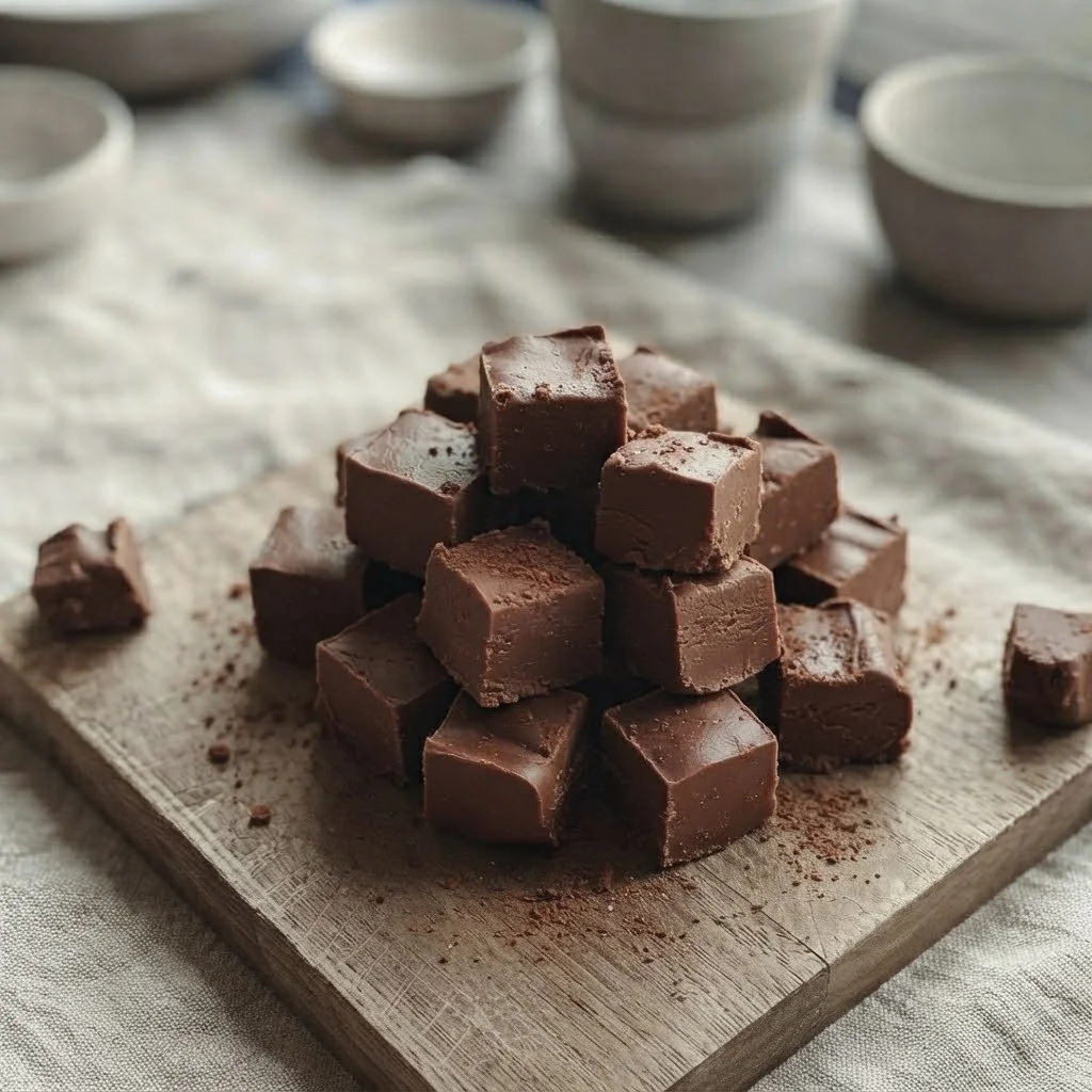 A pile of chocolate fudge pieces on a wooden cutting board, with several small bowls in the background.