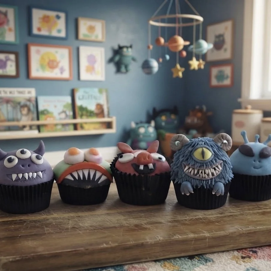 Fun monster themed cupcakes on a wooden surface set against a vibrant child's room with decor. Handcrafted bespoke treats made for birthday parties.
