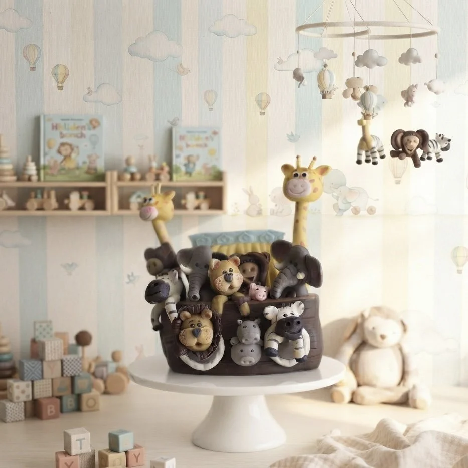 A collection of plush animal toys including giraffes, lions, elephants, zebras, pigs, and a hippo arranged in a basket on a white cake stand in a nursery with light-colored wallpaper decorated with clouds, hot air balloons, and flying animals. There are wooden blocks with letters and a large plush bunny in the background.