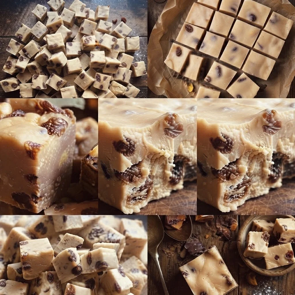 A variety of homemade chocolate chip fudge, including small cubes, slices, and chunks, displayed on a wooden surface and in bowls.