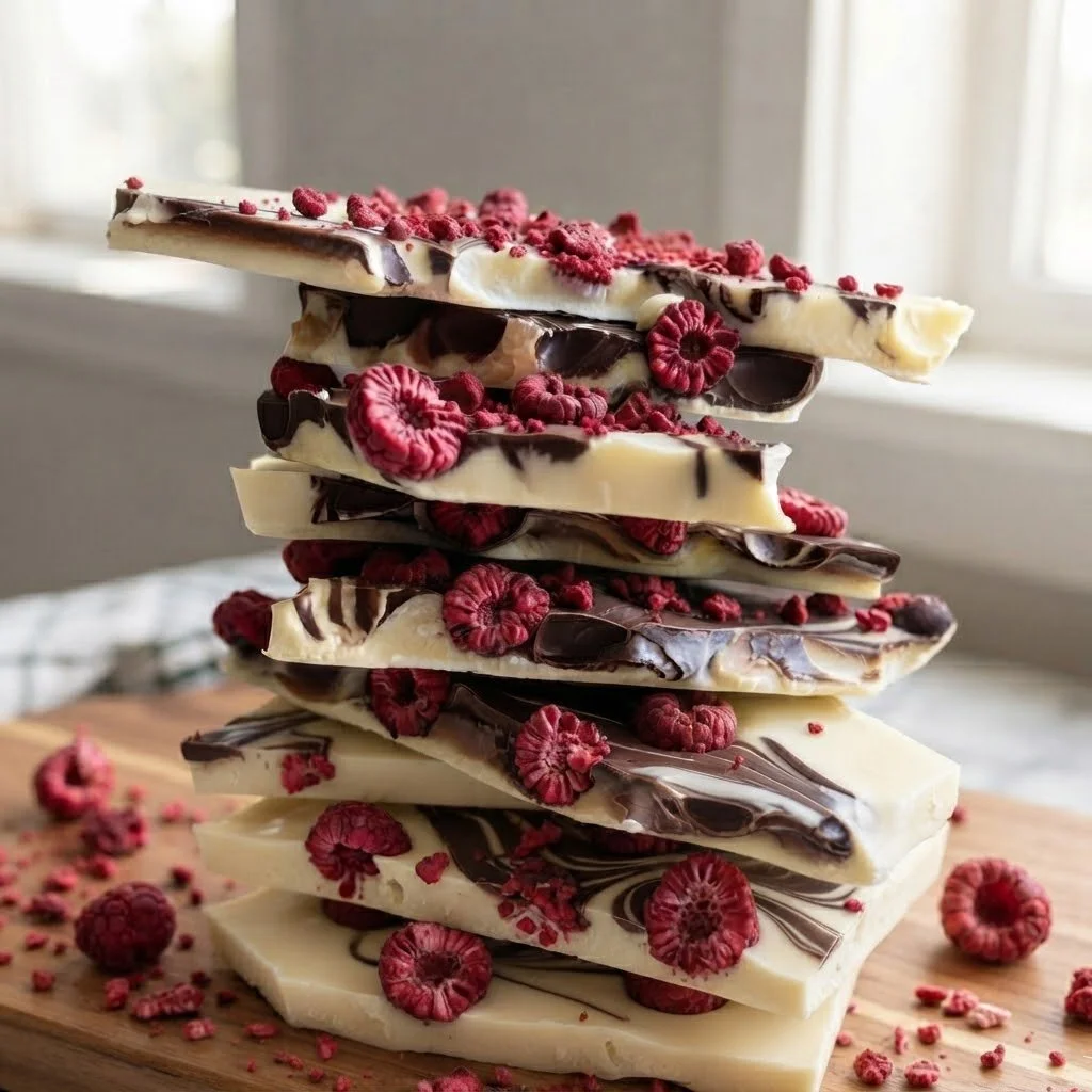 Stacked white and dark chocolate bark with raspberries on a wooden cutting board.
