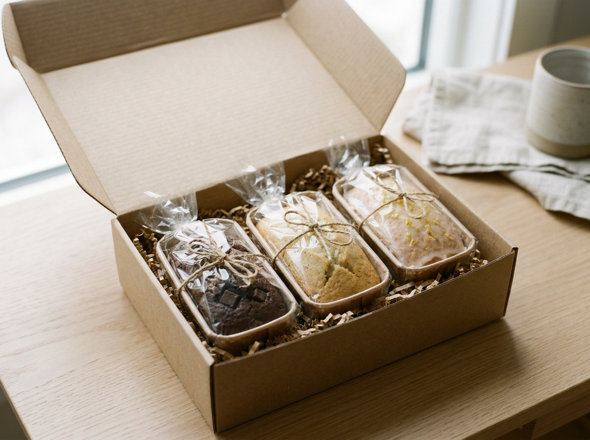 A cardboard box containing three wrapped baked goods, each tied with a string, on a wooden surface next to a coffee cup and cloth napkin.