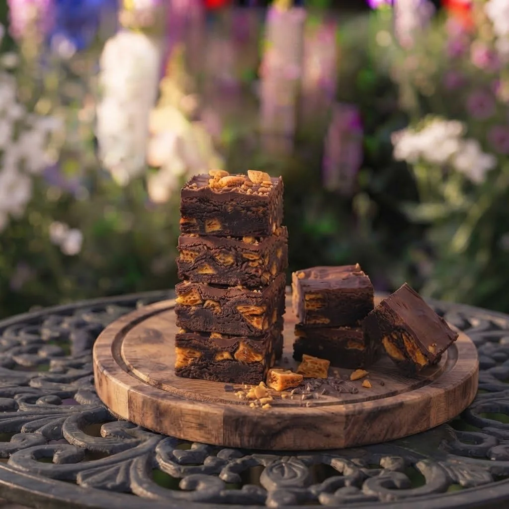 Decadent stack of chocolate caramel brownies served on a round wooden board in a lush garden. Handcrafted luxury treats designed for sweet indulgence.