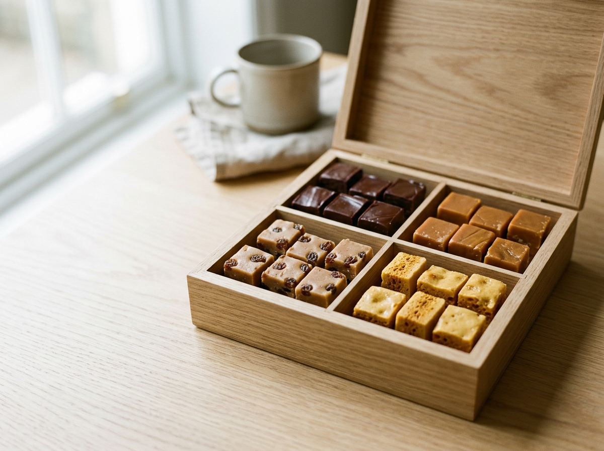 A wooden box filled with four types of small square fudge pieces on a light wooden table near a window, with a ceramic mug and a cloth in the background.