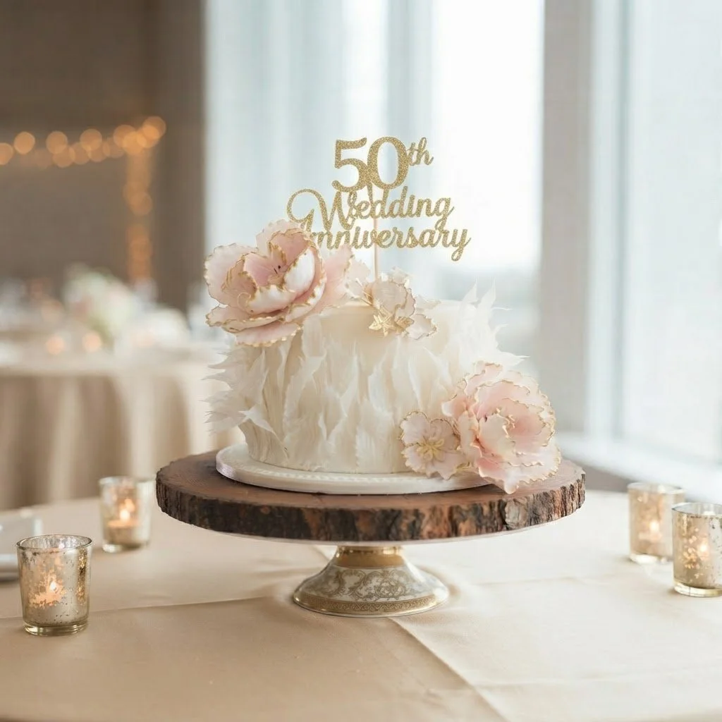 Elegant white wedding cake decorated with pink flowers and shimmering gold accents, topped with a gold “50th Wedding Anniversary” topper, displayed on a wooden stand