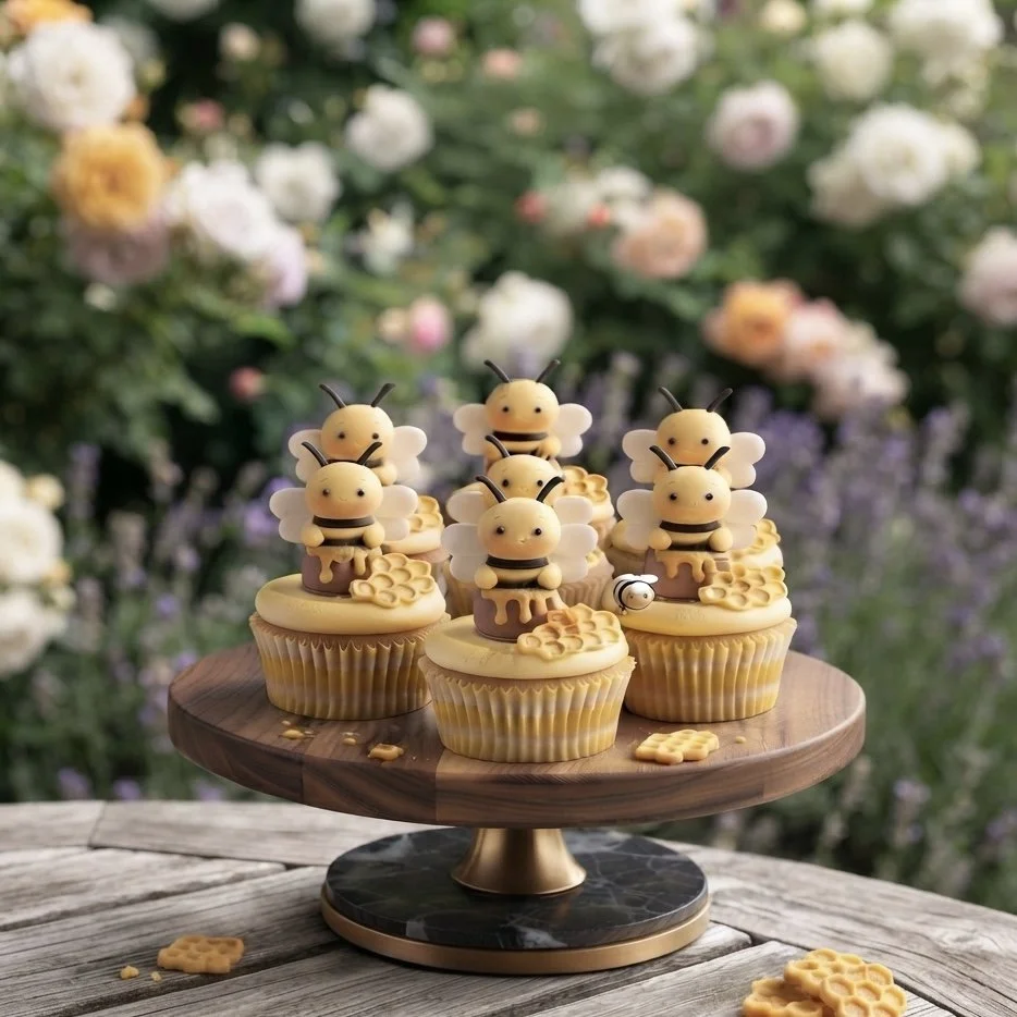 Bee-themed cupcakes with bee-shaped toppers, wings and antennae displayed on a cake stand outdoors