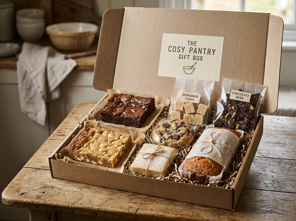 A gift box labeled "The Cosy Pantry Gift Box" contains various baked goods and treats, including brownies, cookies, fudge, chocolate bark, and snack bars, arranged on shredded paper inside a cardboard box.