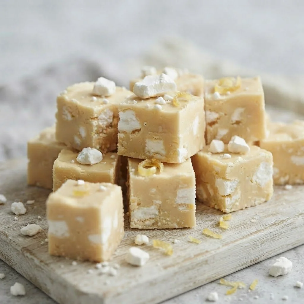 A pile of white chocolate fudge pieces on a wooden board, with some small white bits and lemon zest on top.