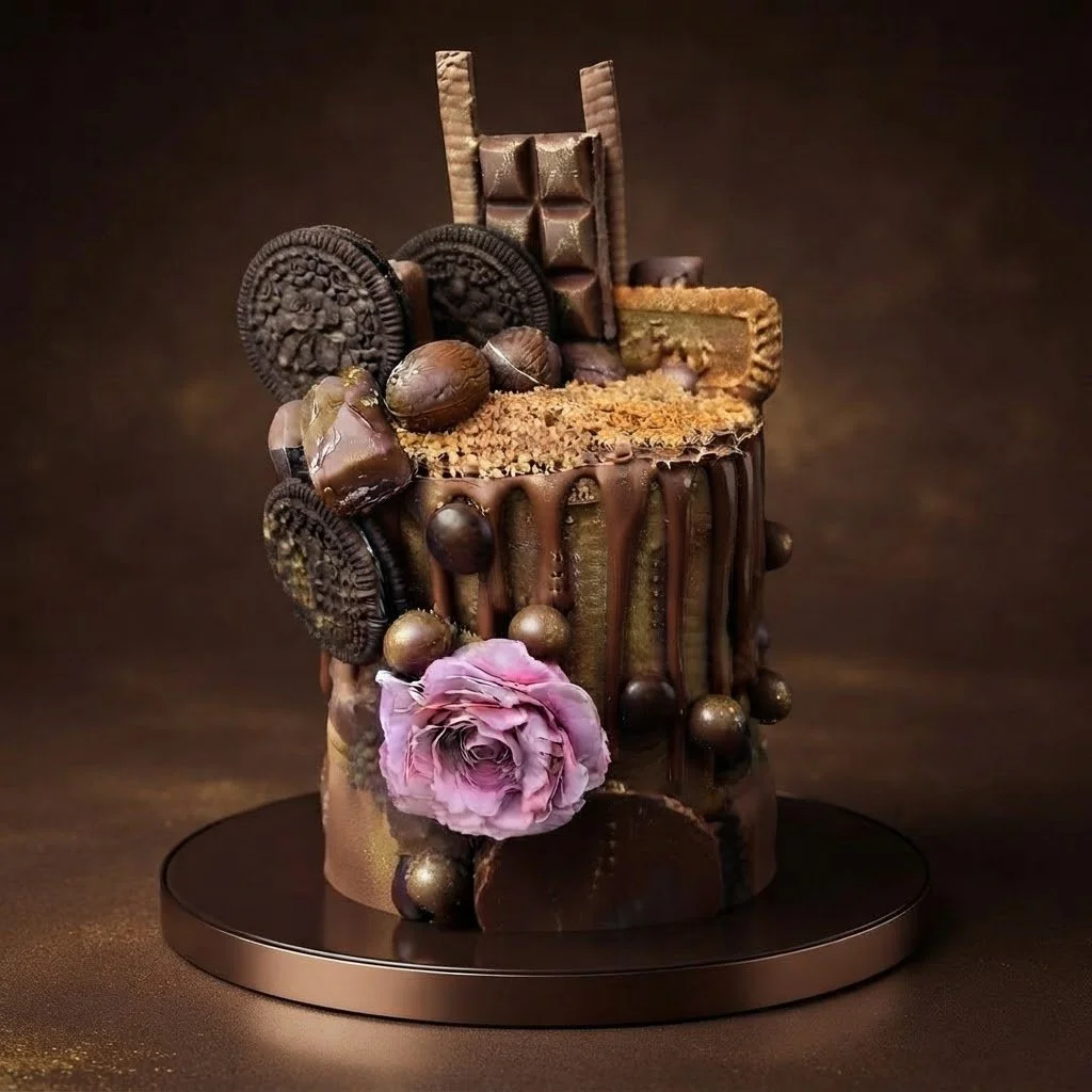 Luxurious chocolate cake decorated with Oreo cookies, chocolate bars, coffee beans, a pink flower and chocolate drip, displayed on a mirrored base.