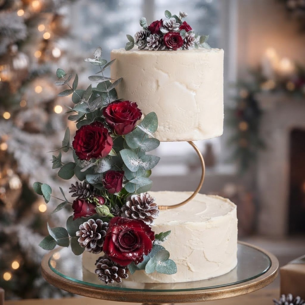 A two-tiered wedding cake decorated with red roses, pinecones, and eucalyptus leaves, displayed on a glass stand with a gold ring connecting the tiers, in a festive setting.