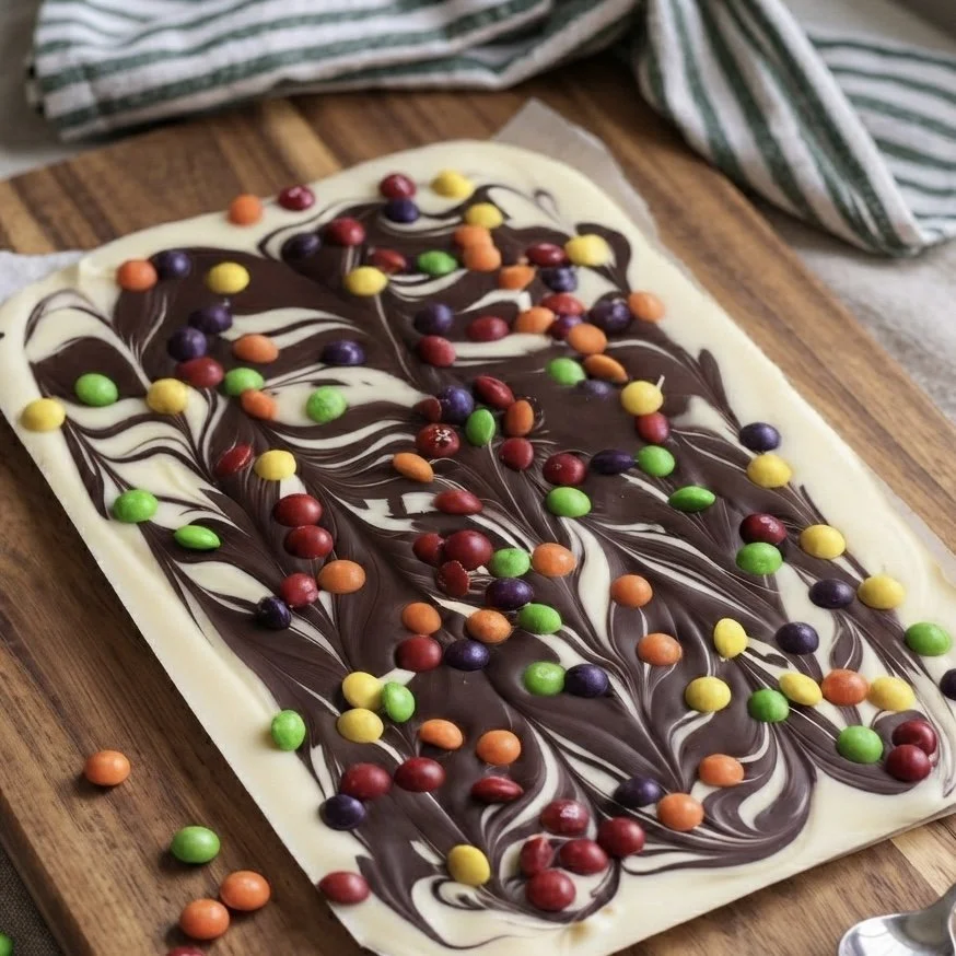 Pieces of white chocolate bark topped with M&M’s sweets, arranged on a wooden chopping board by a window.