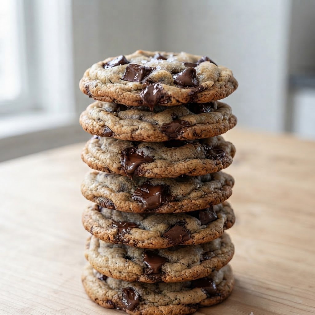 Stack of seven chocolate chip cookies on a wooden surface.