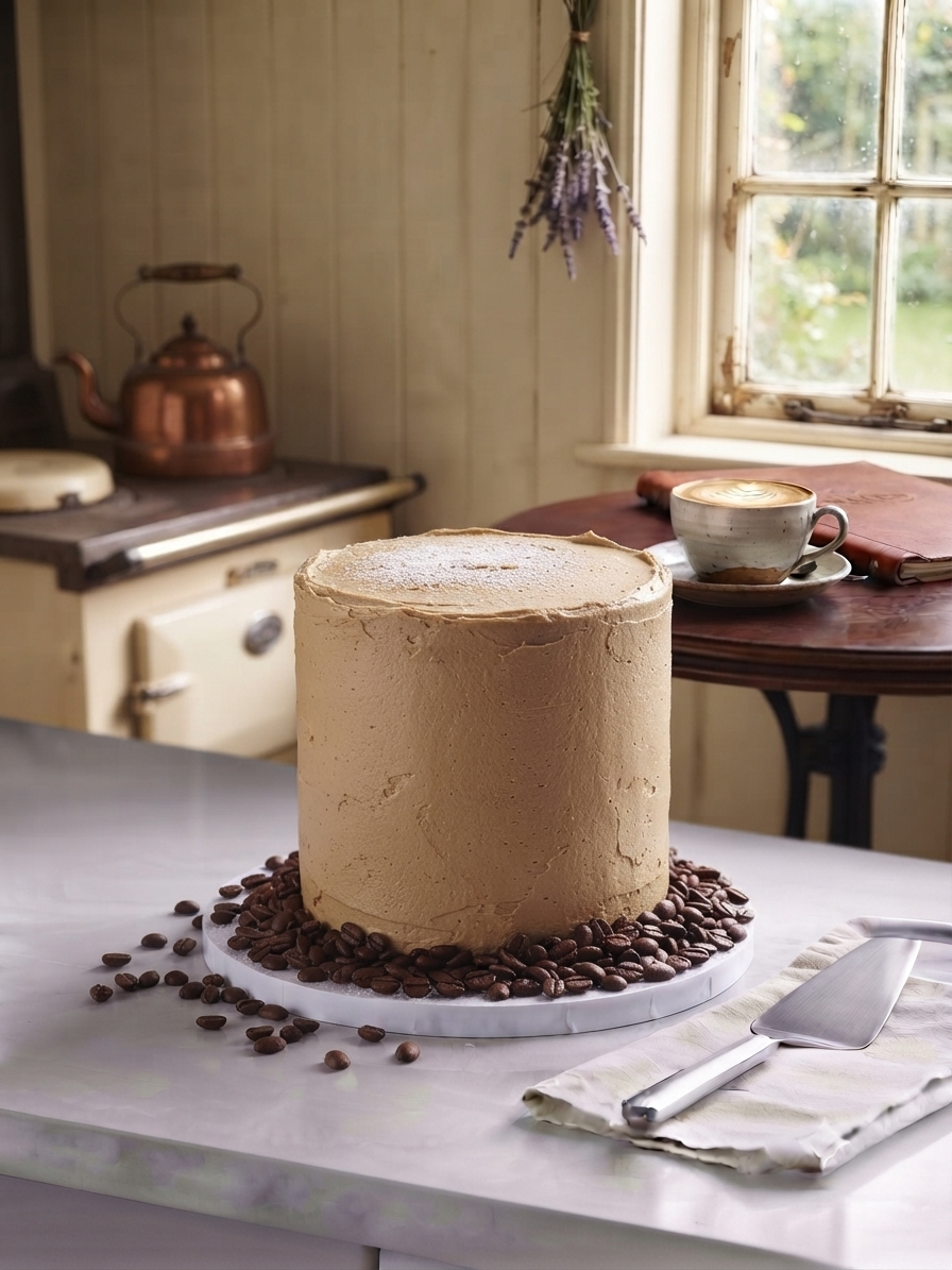 A tall, cylindrical cake with beige frosting and a dusting of powdered sugar on top, surrounded by coffee beans on a white plate, placed on a kitchen counter with a cake server and napkin nearby. In the background, a cup of coffee or latte with foam art is on a small table near a window with a view of greenery outside.