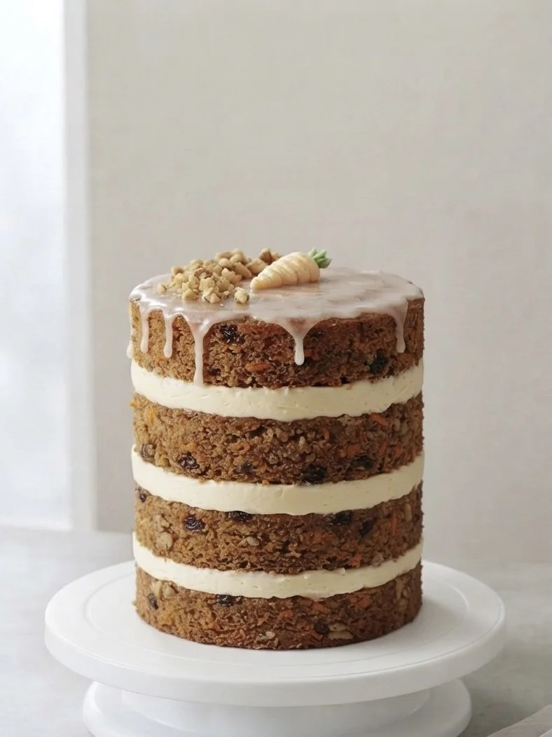A tall layer cake with four layers of oatmeal raisin cookies separated by cream cheese frosting, topped with icing, crumb topping, a small carrot decoration, and icing drips.