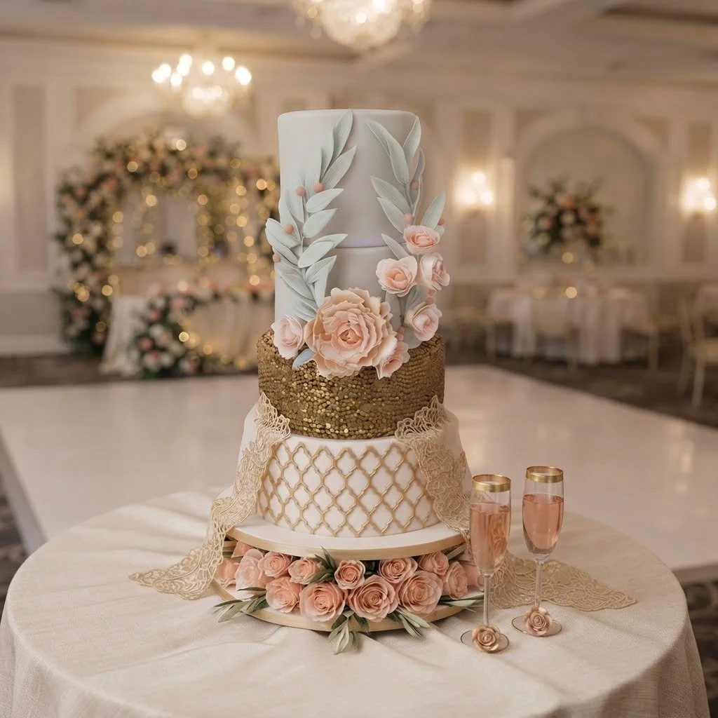 Elegant wedding cake with four tiers decorated with pink roses, white and green foliage, lace, and gold accents, with two glasses of pink champagne on a round table with a cream tablecloth.