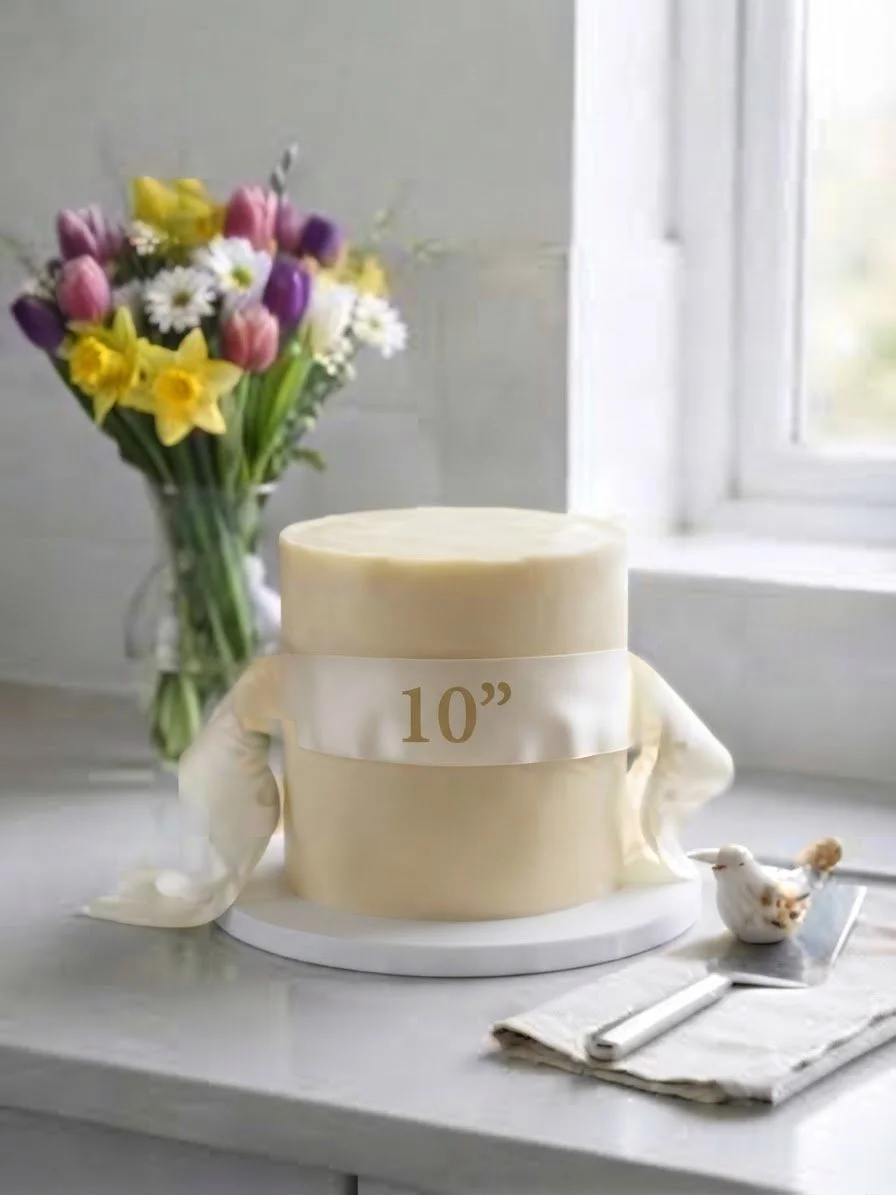 White cake with a 10-inch ribbon, decorated with cloth, on a white cake stand, with a bouquet of colorful flowers in the background, placed on a white table near a window.