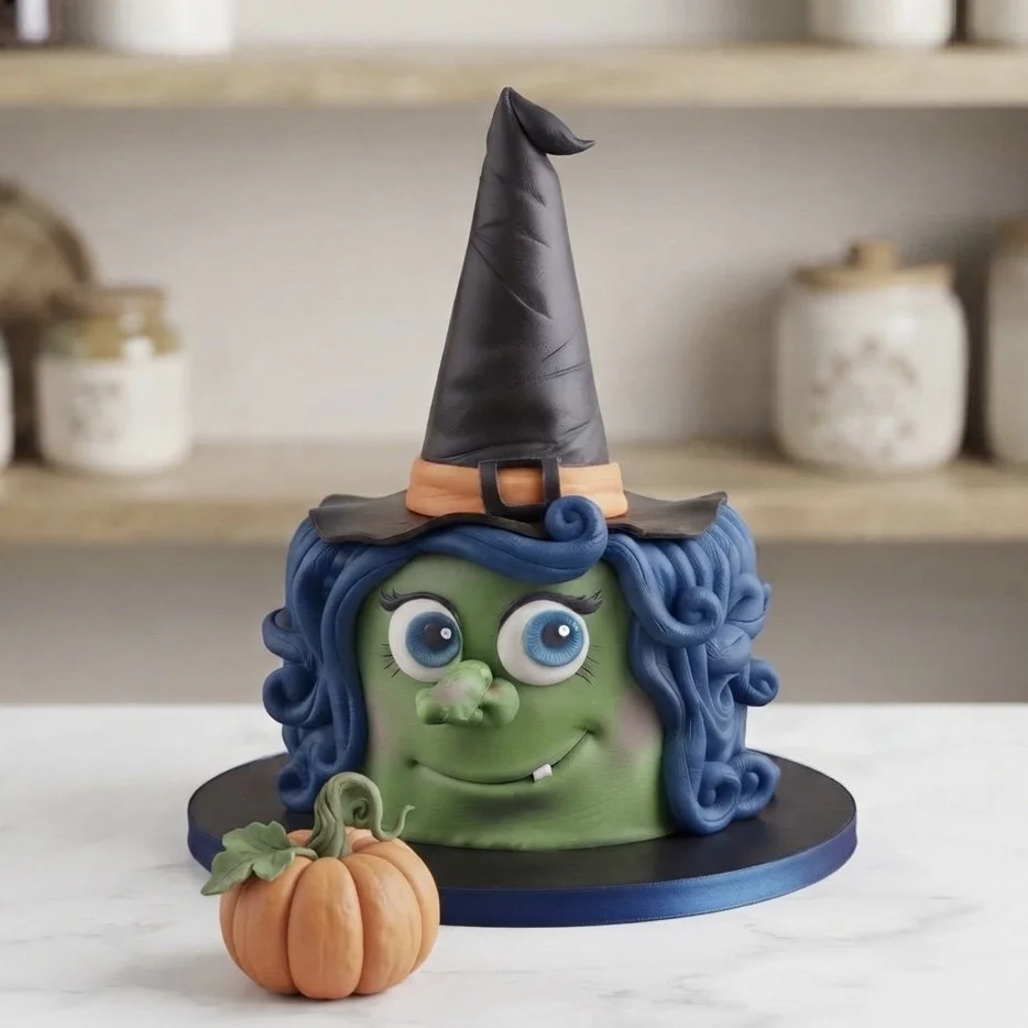A Halloween-themed cake designed as a friendly green witch with large blue eyes, curly blue hair, wearing a black pointy hat with an orange band, and a small pumpkin at the base.