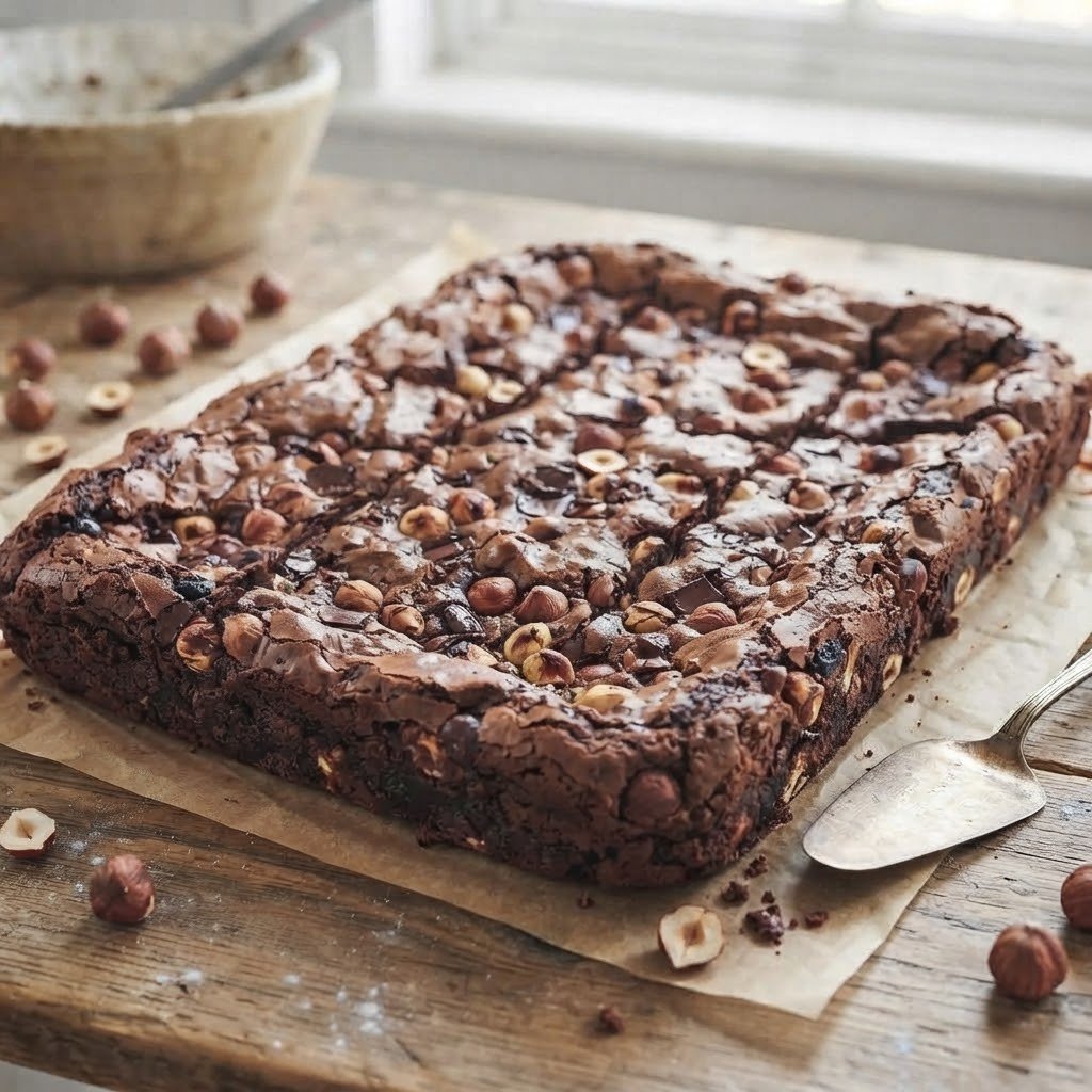 vegan chocolate and hazelnut brownie topped with chopped hazelnuts on parchment paper, with a vintage spatula and scattered hazelnuts nearby