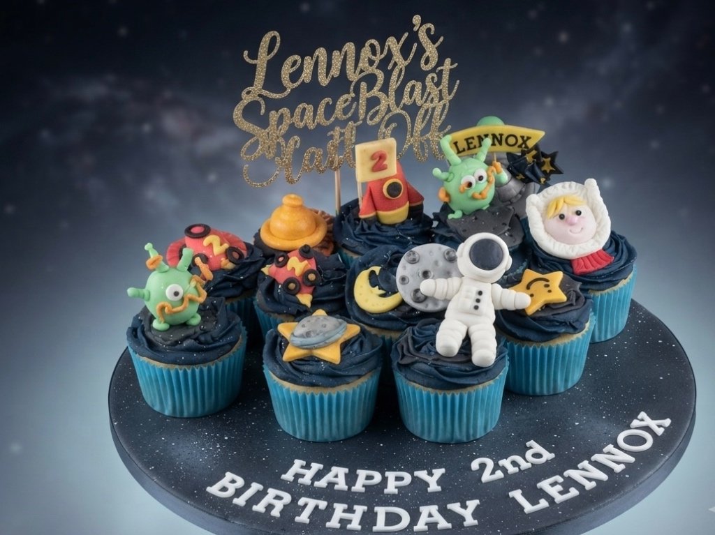 A space-themed birthday cake with blue cupcakes, decorated with astronaut, alien, rocket, planet, moon, and star toppers. The cake has a gold glittery topper that reads "Lennox's Space Blast," and, at the base, it says "HAPPY 2nd BIRTHDAY LENNOX."