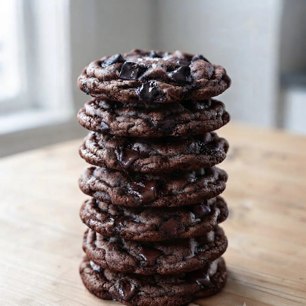 Decadent stack of eight gluten-free double chocolate cookies with rich chocolate chunks. Handcrafted luxury treats designed for healthy indulgence.
