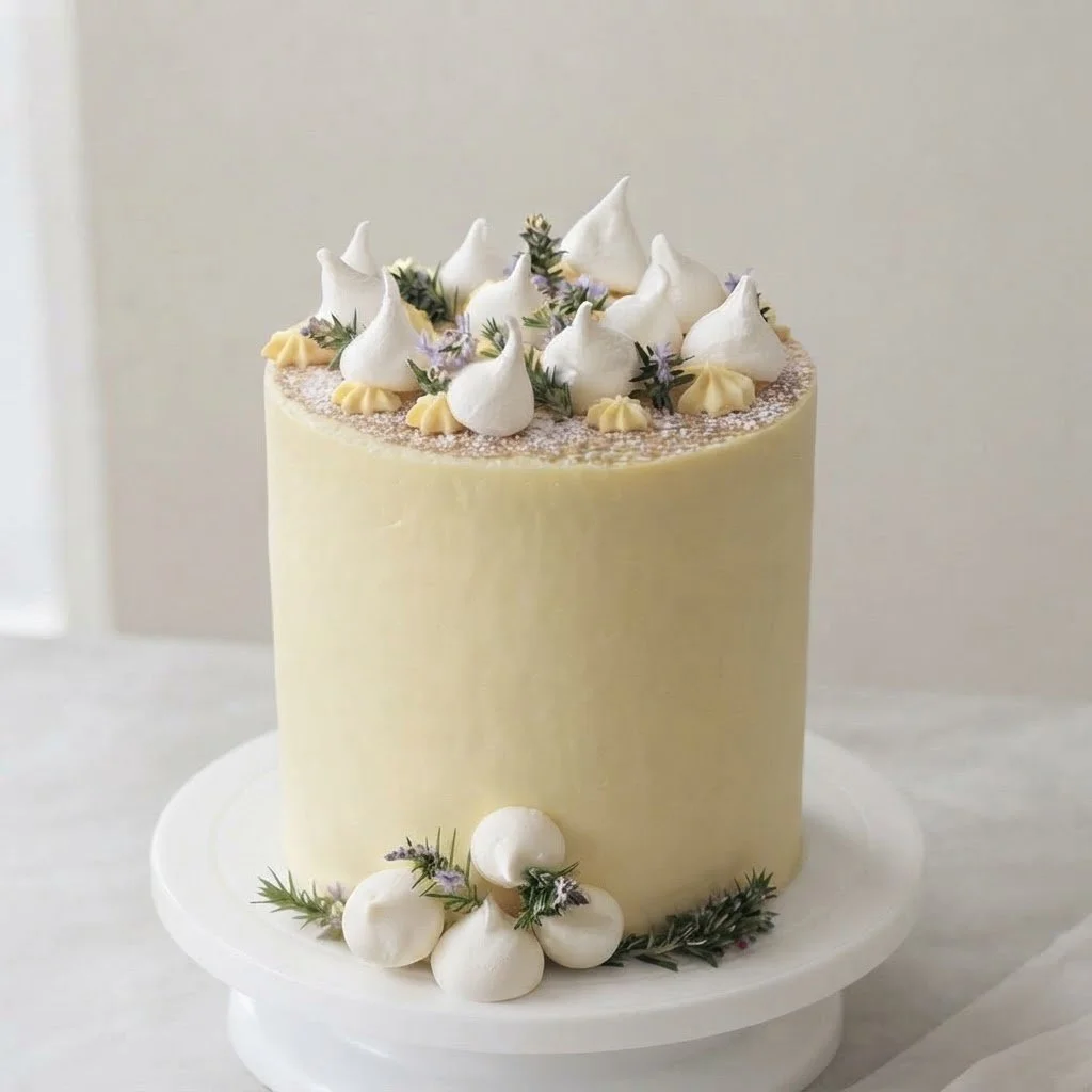 A tall, cylindrical cake with yellow frosting, decorated with white meringue-like peaks, small purple flowers, and green foliage on top, with additional decorations at the base.