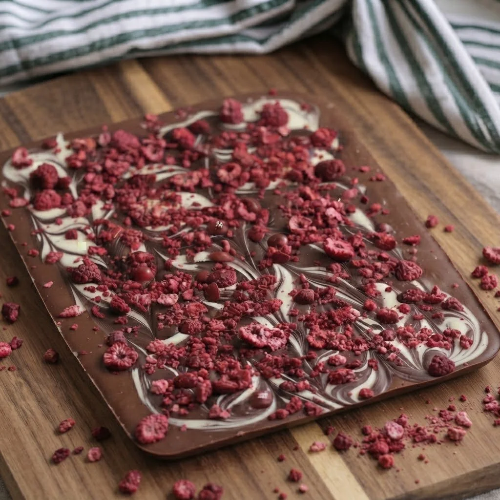 Pieces of chocolate bark topped with freeze-dried raspberries, arranged on a wooden board.