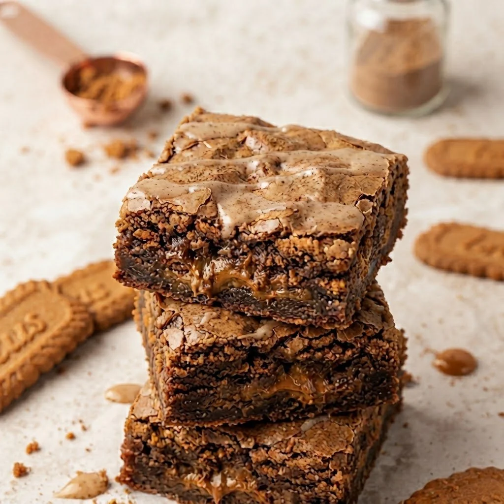 Decadent stack of three Biscoff brownies on a light surface surrounded by crumbs and biscuits. Handcrafted luxury treats designed for sweet indulgence.