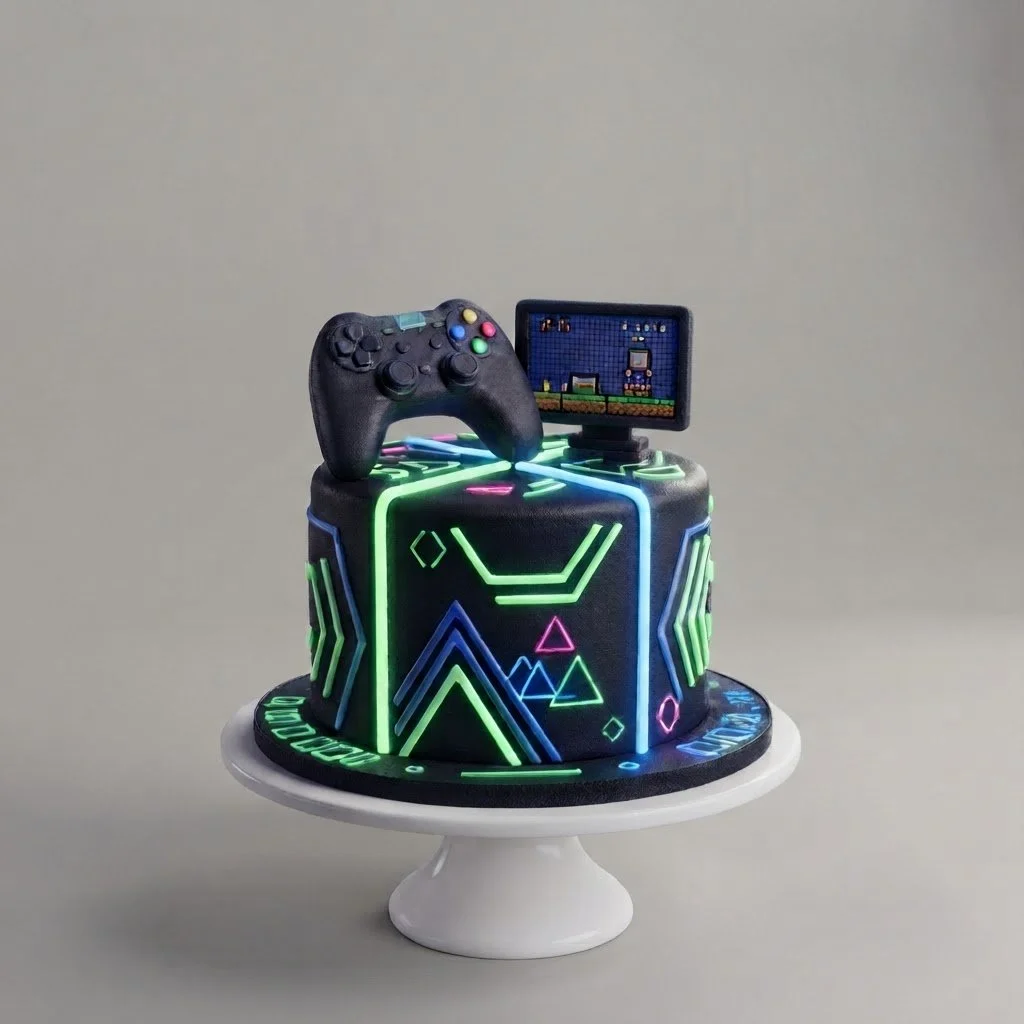 Decorative cake with black exterior and neon geometric designs, topped with a video game controller and a small pixel art monitor.