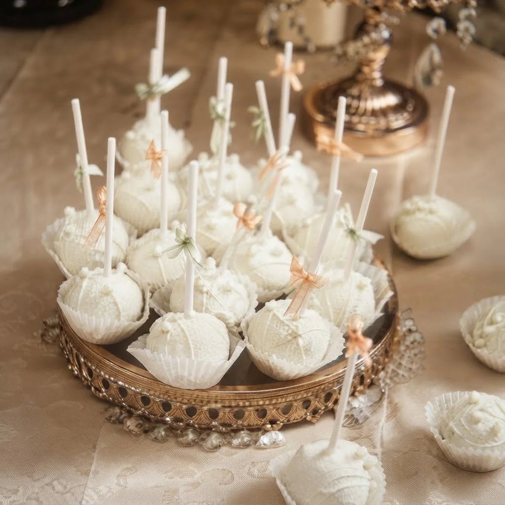 Elegant white cake pops decorated with pastel bows served on a vintage golden tray. Handcrafted luxury treats and bespoke desserts for special events.