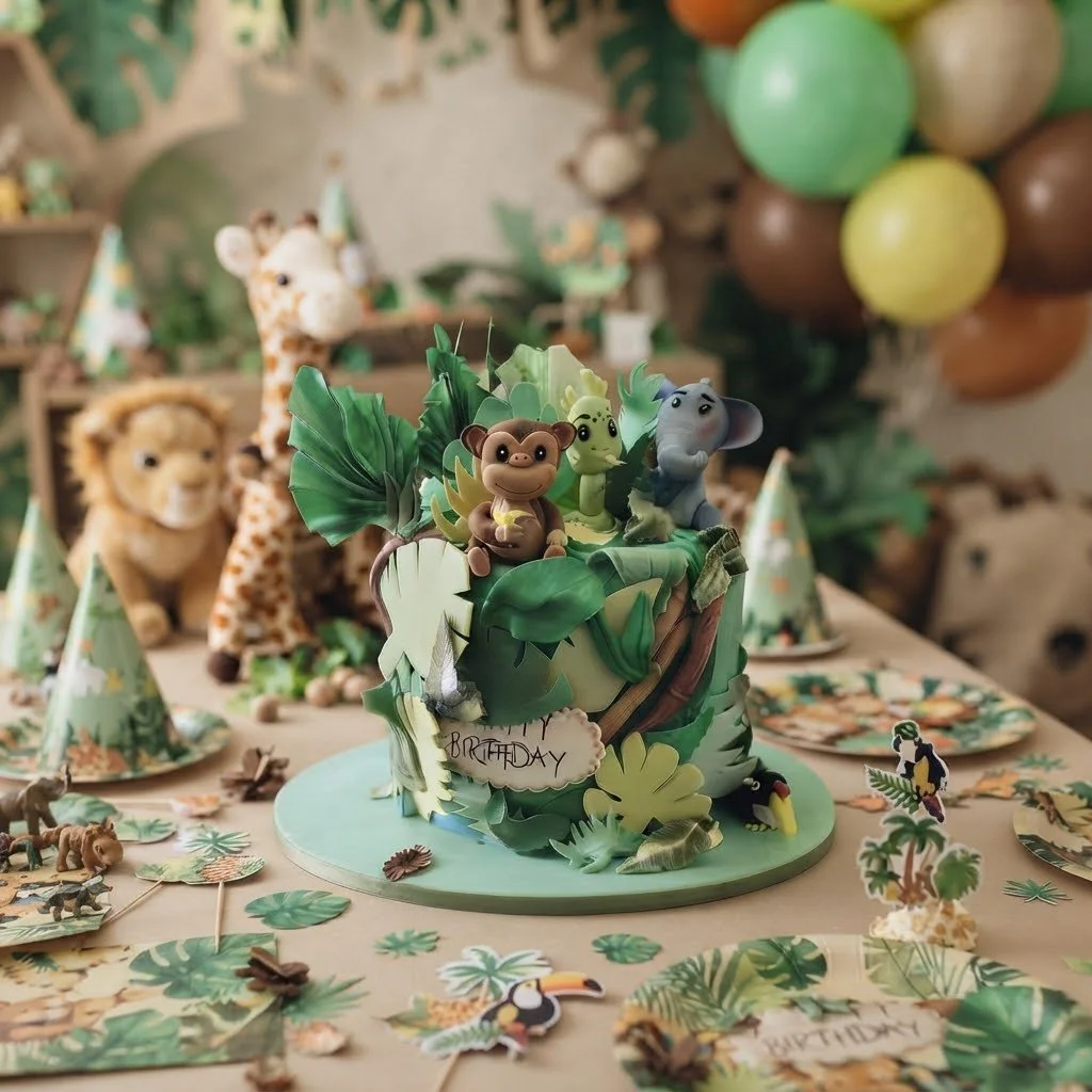 Jungle-themed birthday party table featuring a tropical jungle cake with animal figurines, surrounded by jungle decor and party supplies.