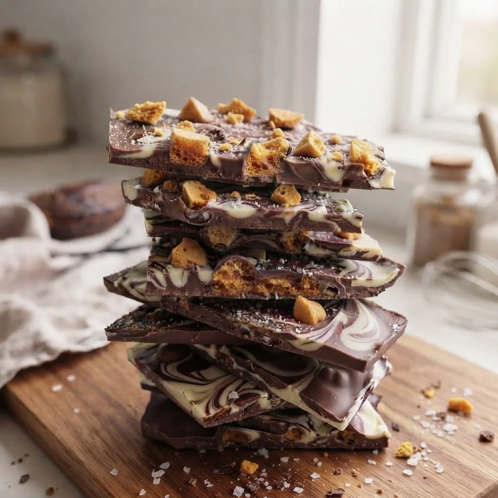Stacked pieces of rustic chocolate bark topped with honeycomb pieces on a wooden chopping board by a window.