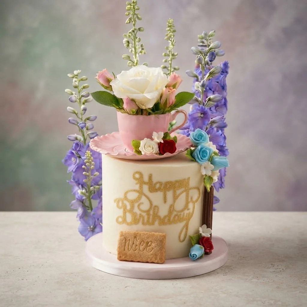 Birthday cake decorated with fresh roses and delphiniums, a “Happy Birthday” message, a floral teacup arrangement and a Nice biscuit at the base.