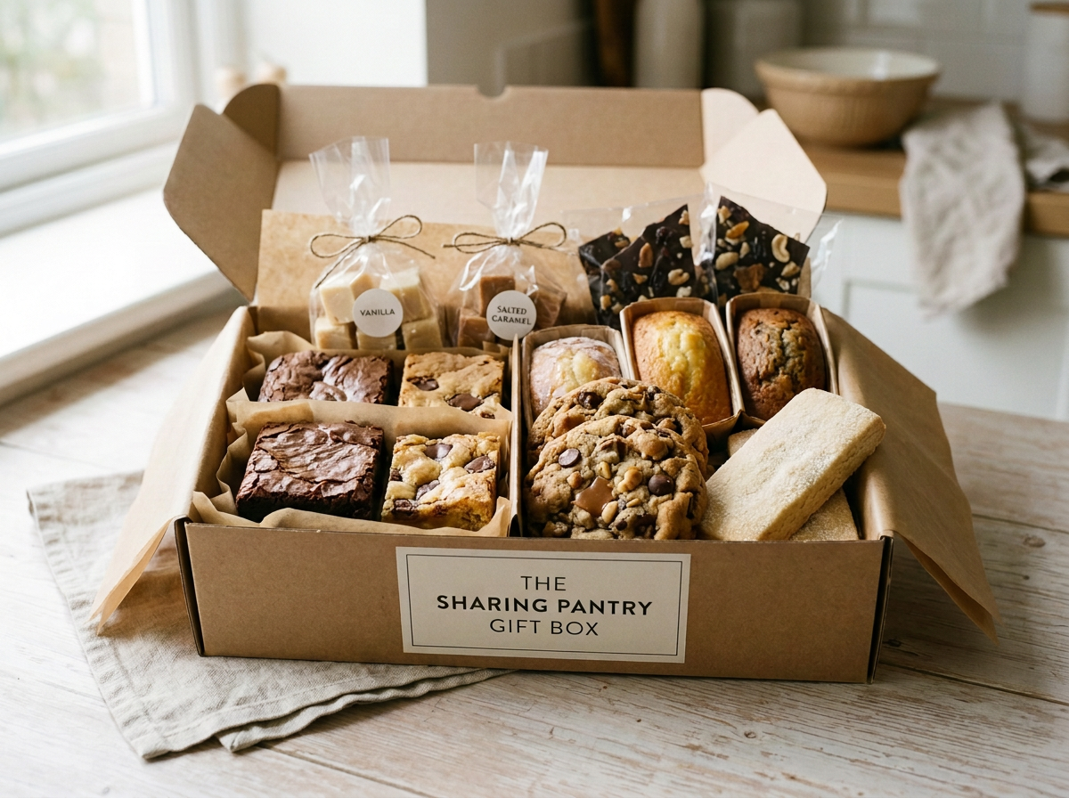 Open gift box labeled "The Sharing Pantry Gift Box" filled with assorted cookies, bars, and chocolates, placed on a wooden table near a window.