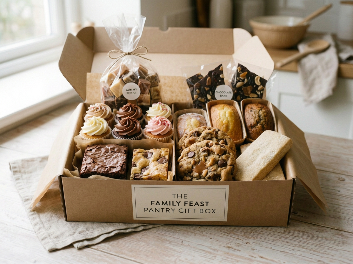 A cardboard box labeled "The Family Feast Pantry Gift Box" containing assorted baked goods and chocolates, including cupcakes, cookies, and fudge, on a wooden table near a window.