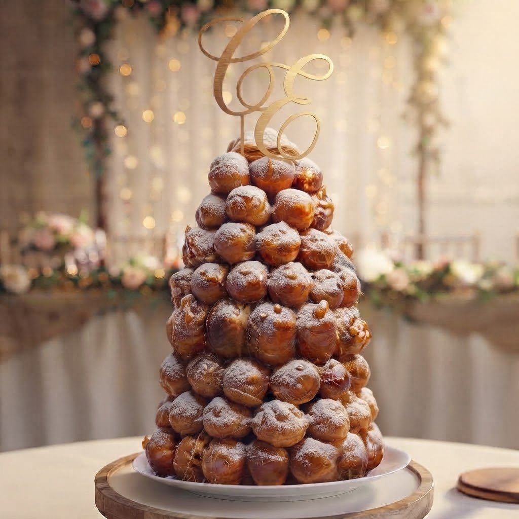 A pyramid-shaped dessert made of small, round cream puffs dusted with powdered sugar, topped with a decorative gold "Love" topper, on a white plate with a blurred festive background.
