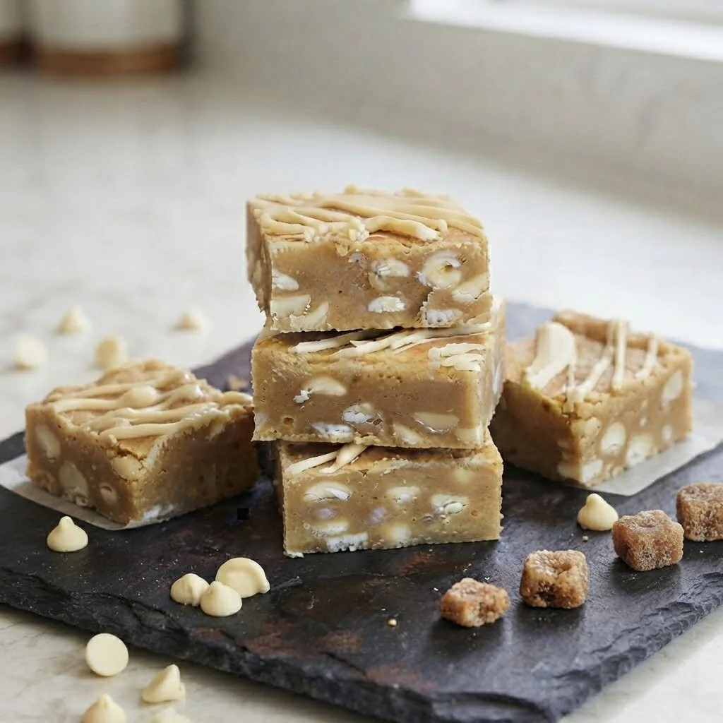 Decadent stacked white chocolate blondies with sweet drizzle served on a black slate board. Handcrafted luxury treats designed for sweet indulgence.