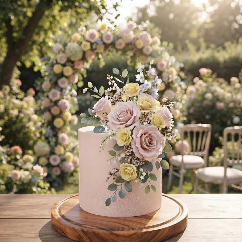 A white wedding cake decorated with pastel-colored roses and greenery, placed on a wooden cake stand outdoors during sunset with chairs and floral arrangements in the background.