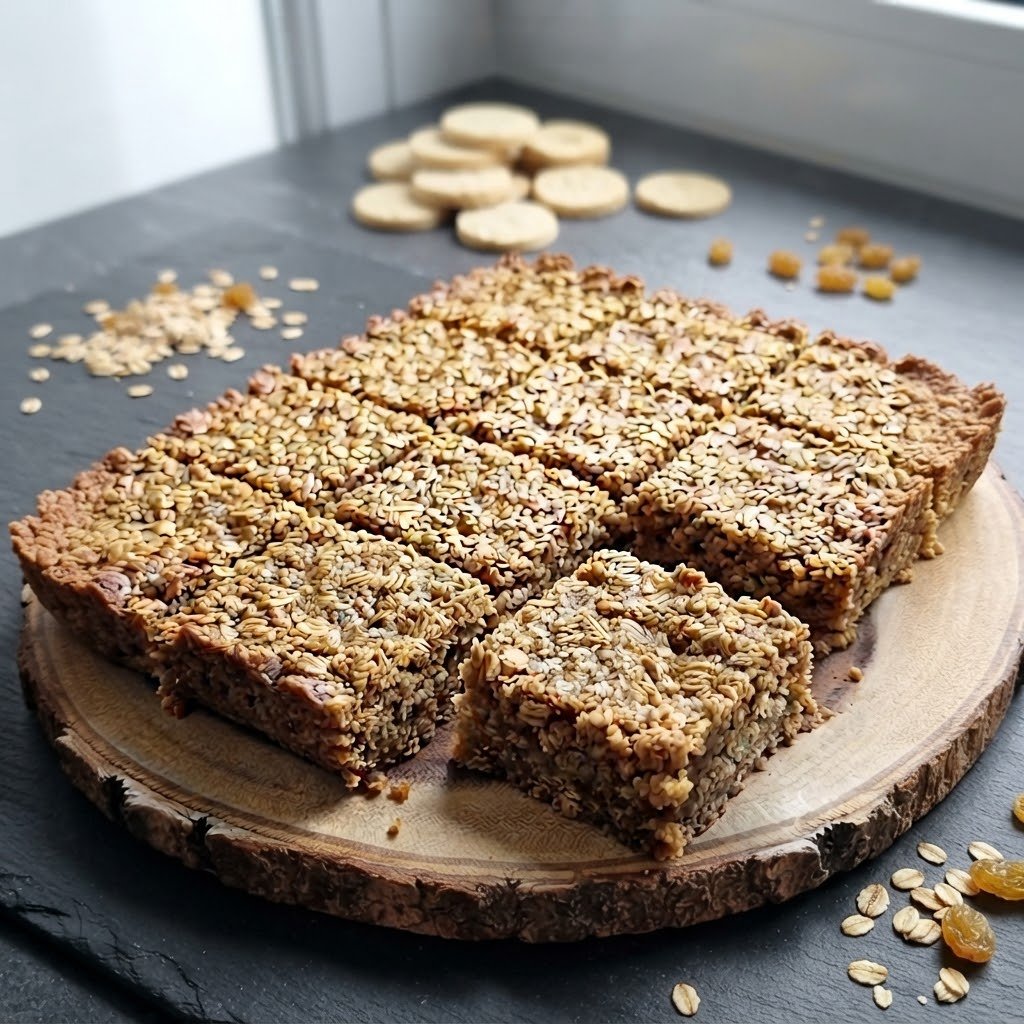 Decadent square oat flapjack bars served on a round wooden cutting board with fruit. Handcrafted luxury treats designed for sweet indulgence