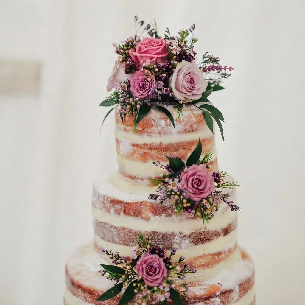 Rustic three-tier naked wedding cake decorated with pink roses, purple blooms, and fresh foliage. Handcrafted luxury cakes for romantic celebrations.