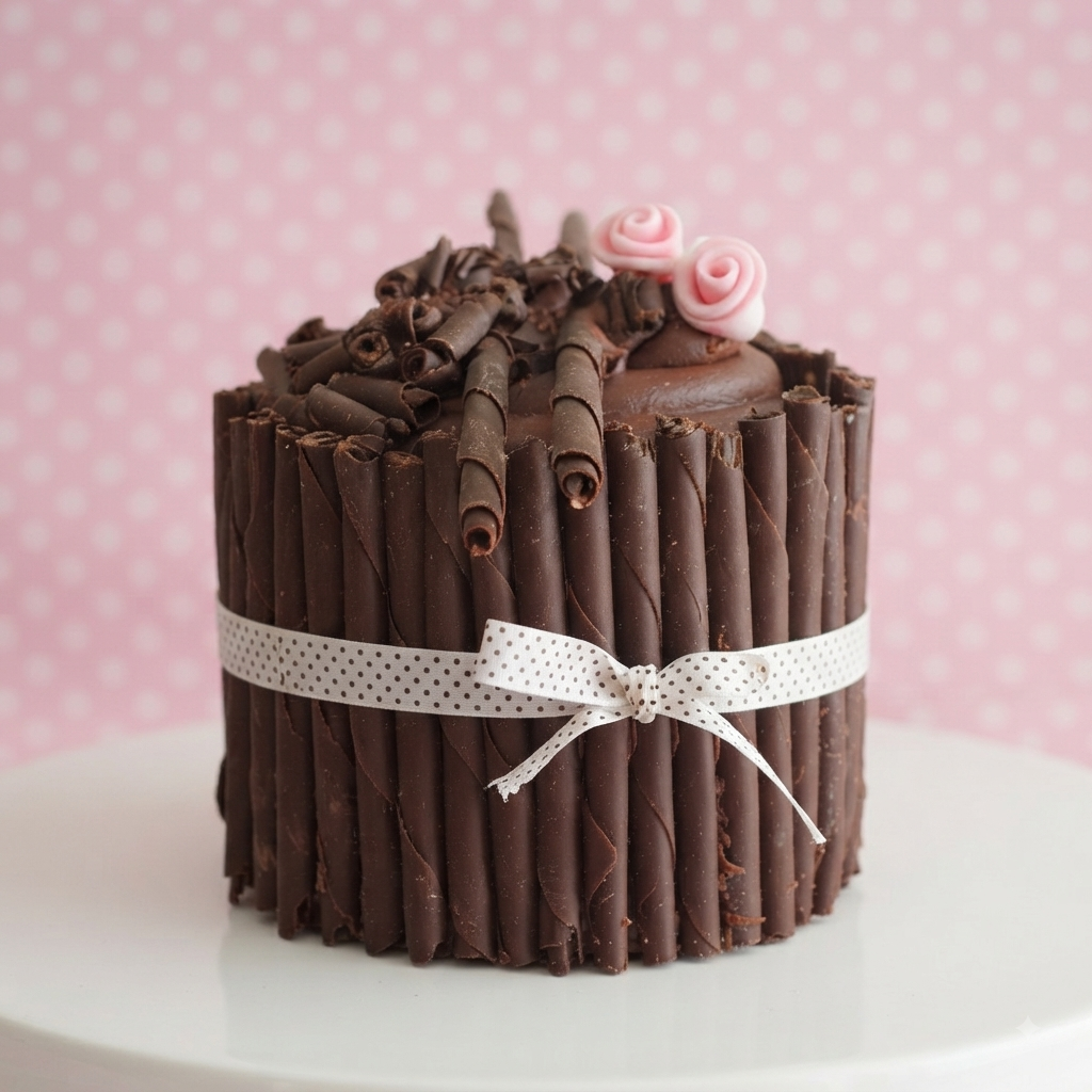 Chocolate cake decorated with chocolate curls and pink decorative swirls, topped with a white polka dot ribbon tied in a bow, against a pink polka dot background.