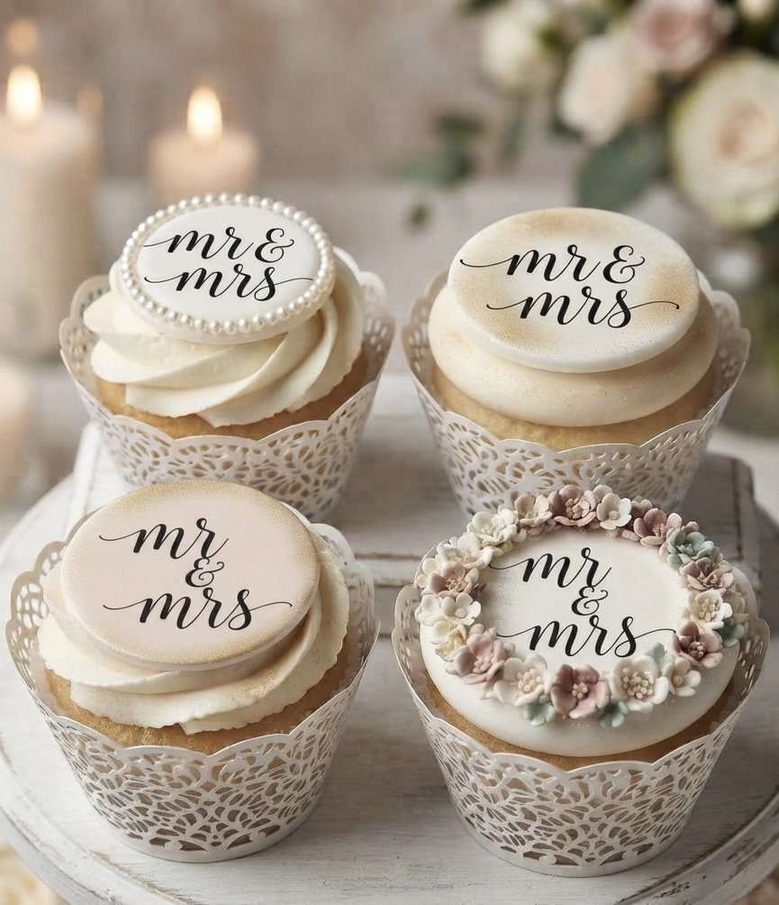 Four cupcakes with white frosting and “Mr & Mrs” toppers, including one with a flower crown