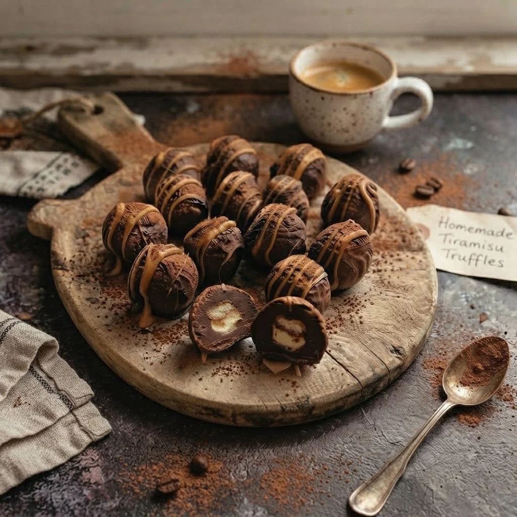 Chocolate tiramisu truffles drizzled with caramel and arranged on a wooden serving board beside a small cup of coffee.