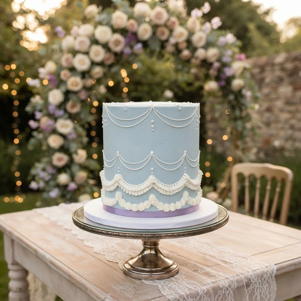 A light blue wedding cake with white piping decorations, displayed on a silver cake stand on a wooden table. The table is covered with a lace table runner. In the background, blurred flowers and string lights create a romantic outdoor setting.
